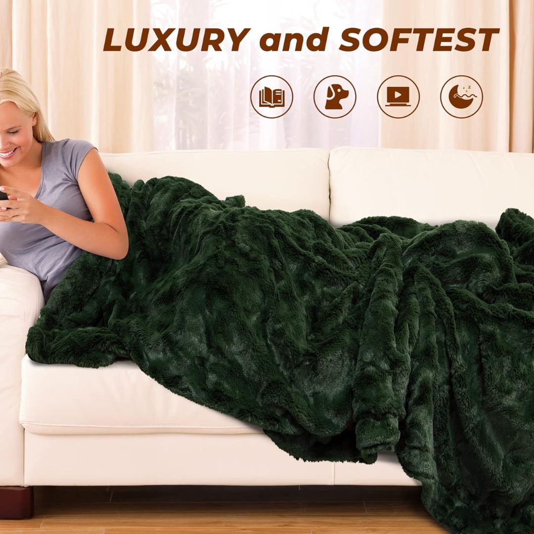 TOONOW Faux Fur Throw Blanket – Soft & Fluffy, Olive Green (Throw) - Image 4
