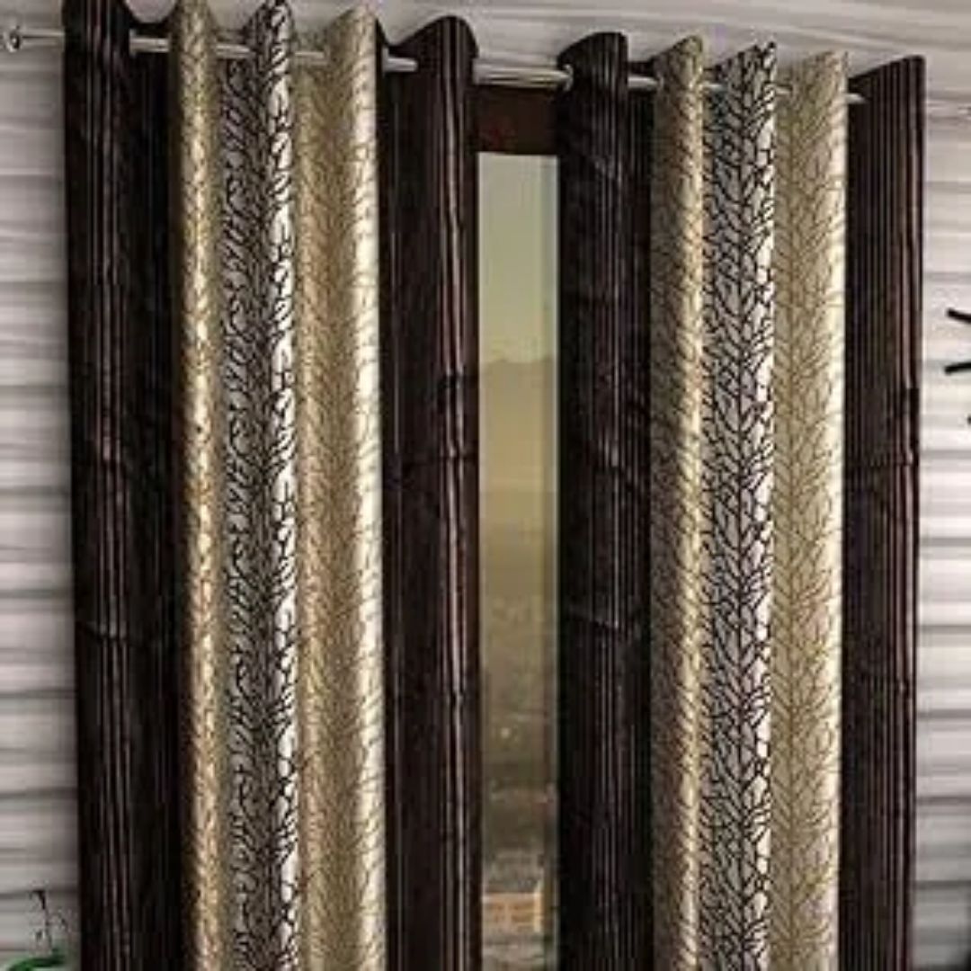 Home Sizzler Abstract 2 Piece Eyelet Polyester Door Curtain Set - 7ft, Brown - Image 3